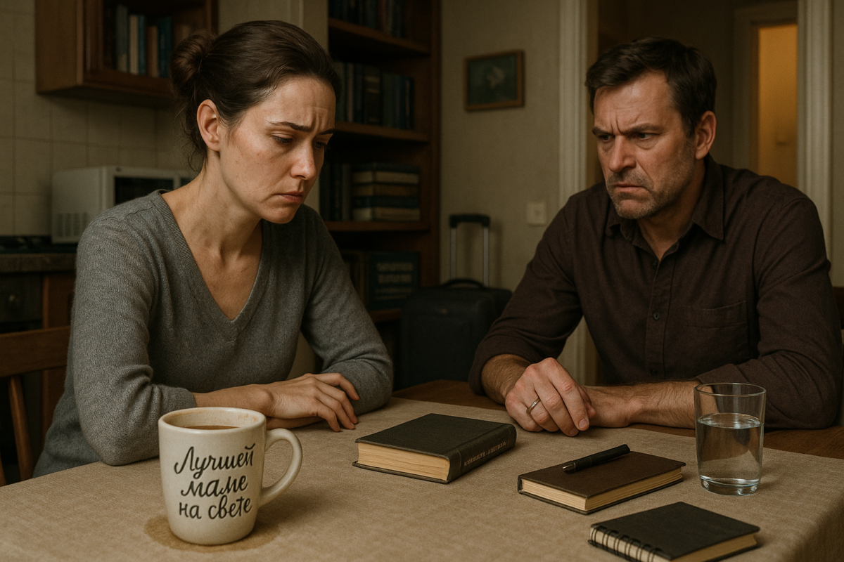 Утро на кухне. Марина и Андрей сидят за столом, между ними напряжённая тишина. У Марины усталое лицо, руки сцеплены на скатерти. Перед ней — кружка с надписью «Лучшей маме на свете».