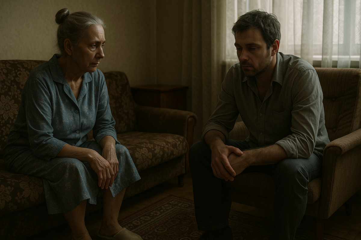 Пожилая женщина в выцветшем халате и мужчина с усталым видом сидят напротив друг друга в тускло освещённой комнате, между ними ощущается напряжённая тишина.