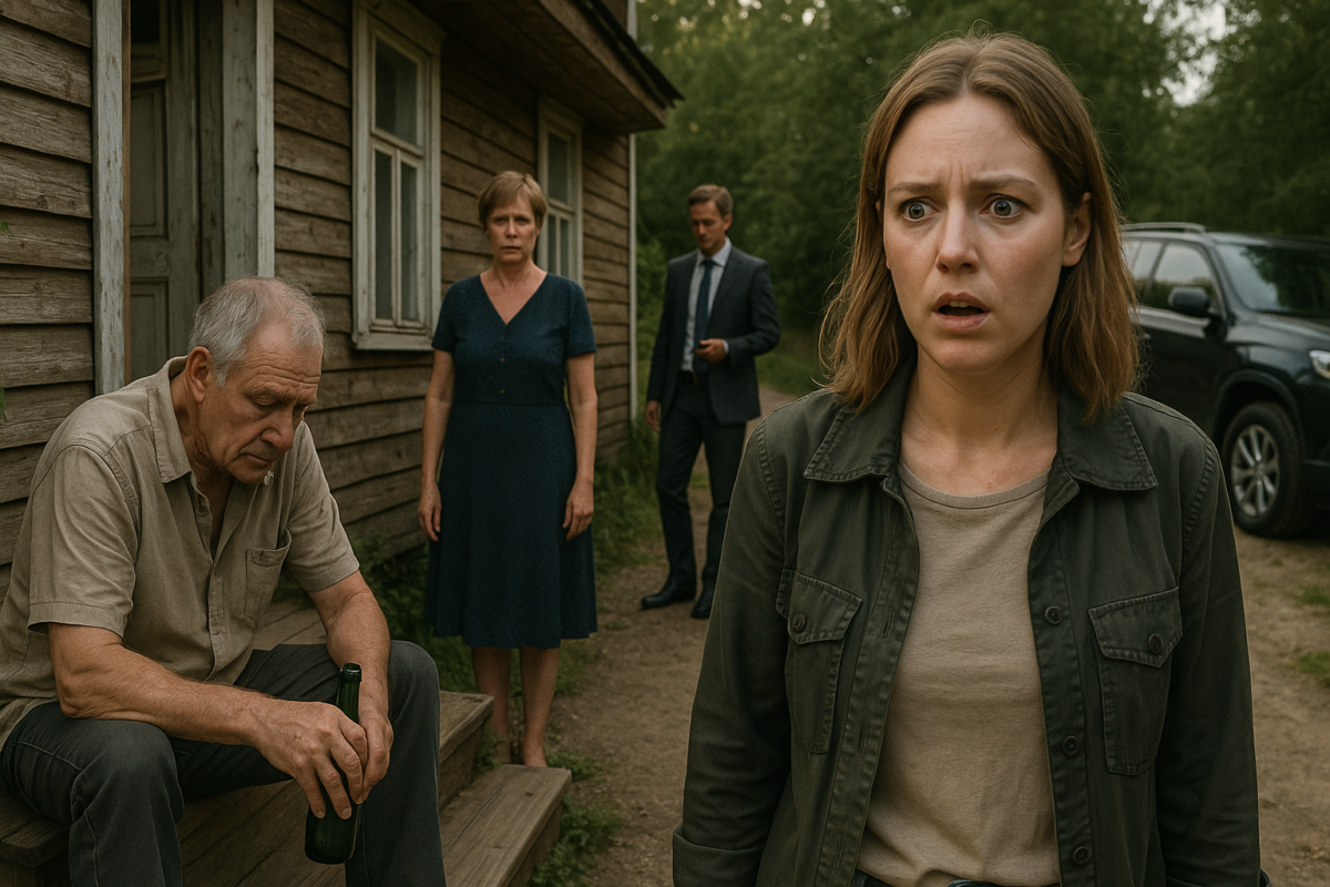 Пожилой мужчина сидит на крыльце деревянного дома с бутылкой в руках, рядом стоит женщина средних лет с отстранённым видом. На заднем плане мужчина в костюме осматривает участок возле чёрного внедорожника. На переднем плане молодая женщина с выражением шока и растерянности.
