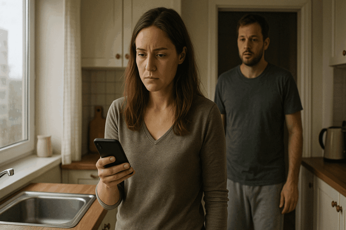 Напряженная сцена на кухне: усталая Лариса с телефоном в руке получает уведомление о просрочке ипотеки, взъерошенный Андрей появляется в дверном проеме после ночной смены таксиста. За окном хмурится октябрь, в воздухе витает тревога и неопределенность
