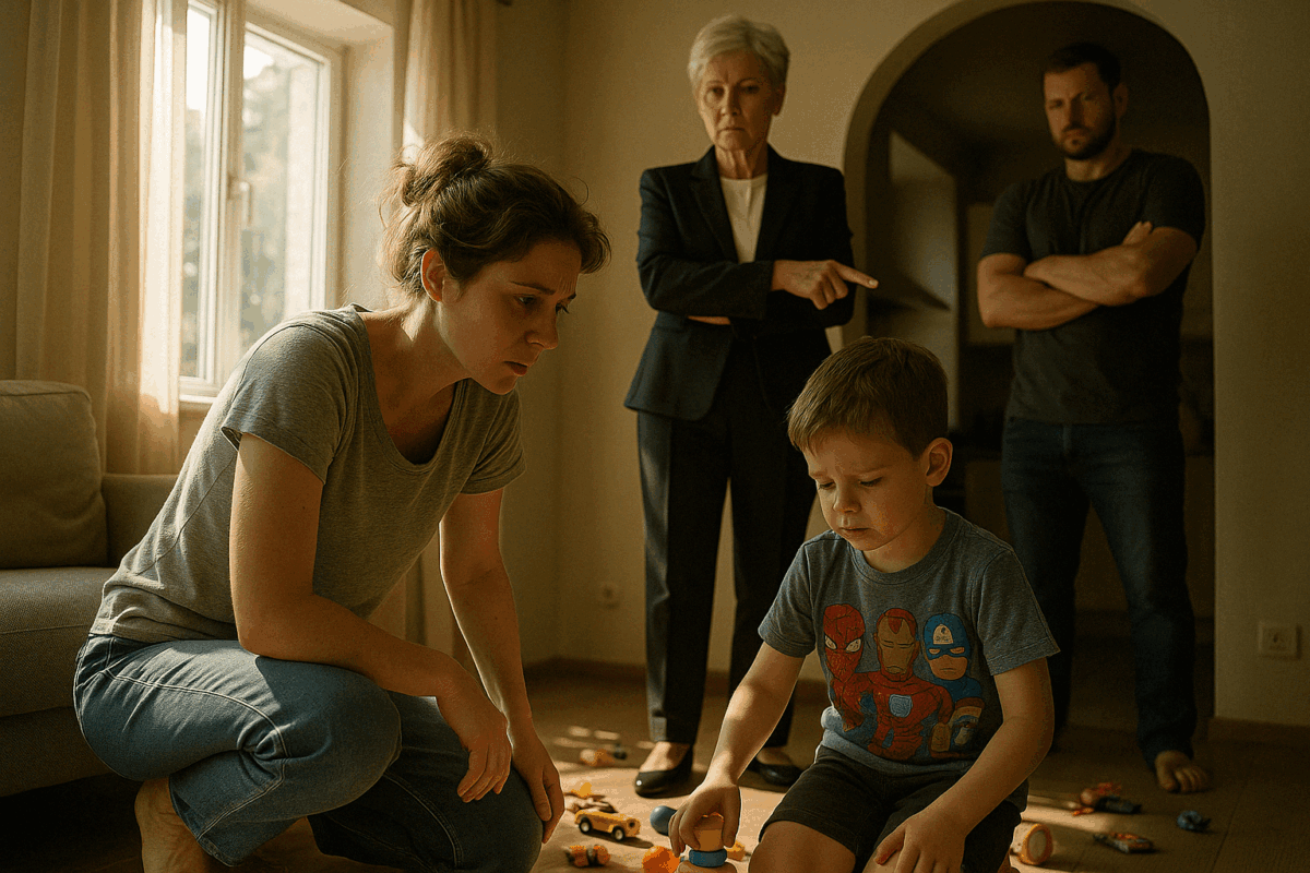Конфликт в семье — мама, бабушка, ребёнок и отец в напряжённой сцене дома.
