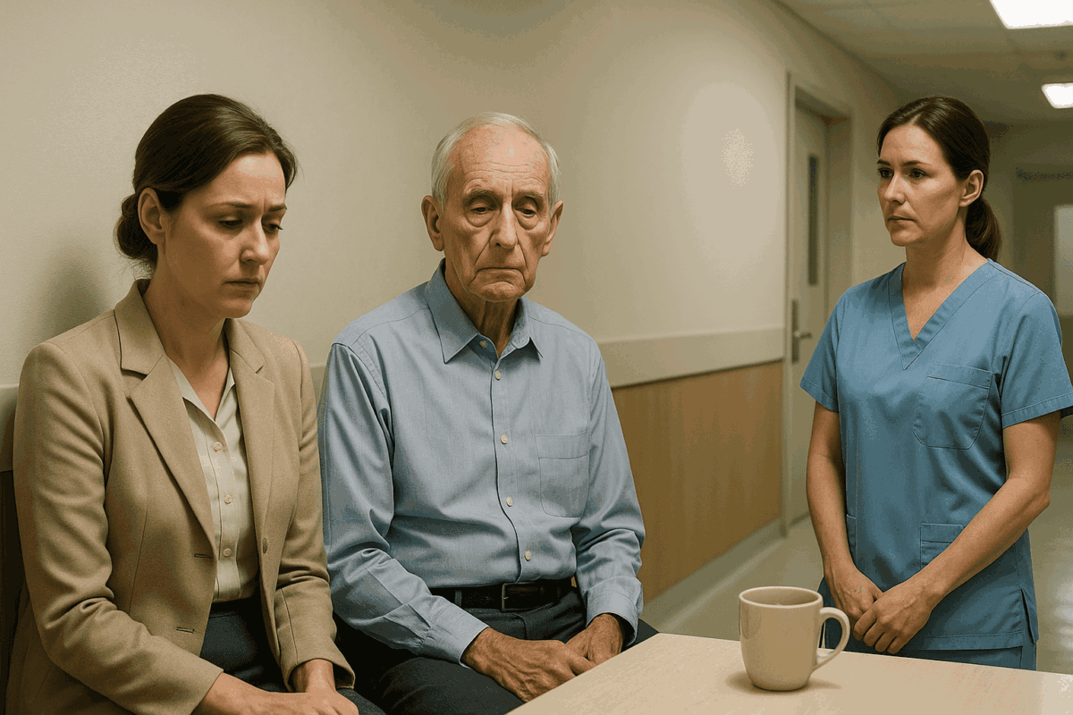 Анна с отцом в больничном коридоре, рядом медсестра. Атмосфера тревожная и сдержанно-грустная.