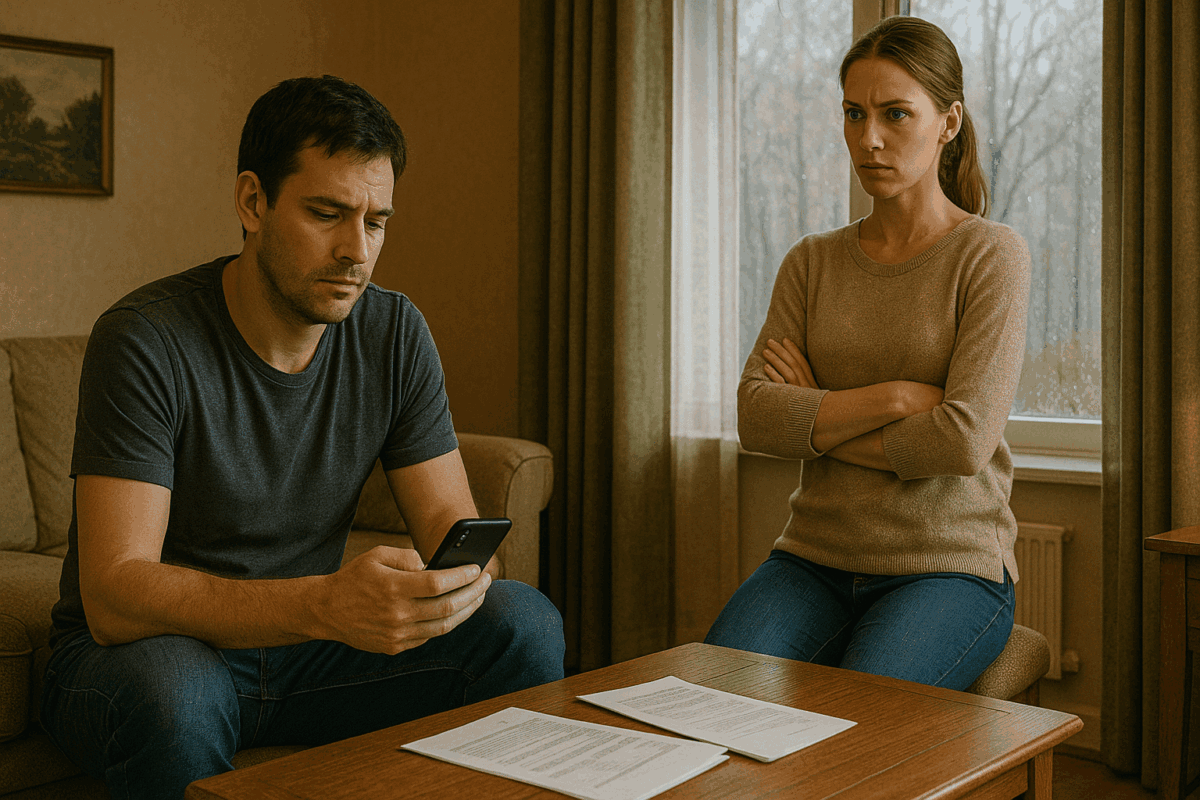 Мужчина с телефоном в руке сидит в кресле, рядом на столе бумаги; женщина с раздражённым выражением стоит у окна, скрестив руки. Осенняя сцена с напряжённой атмосферой семейного конфликта.