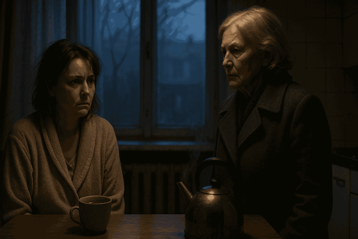 Две женщины на кухне ранним зимним утром: пожилая мать в пальто стоит с решительным выражением, а уставшая дочь в халате сидит за столом с чашкой чая; на фоне за окном сереет рассвет, атмосфера напряжённая и холодная