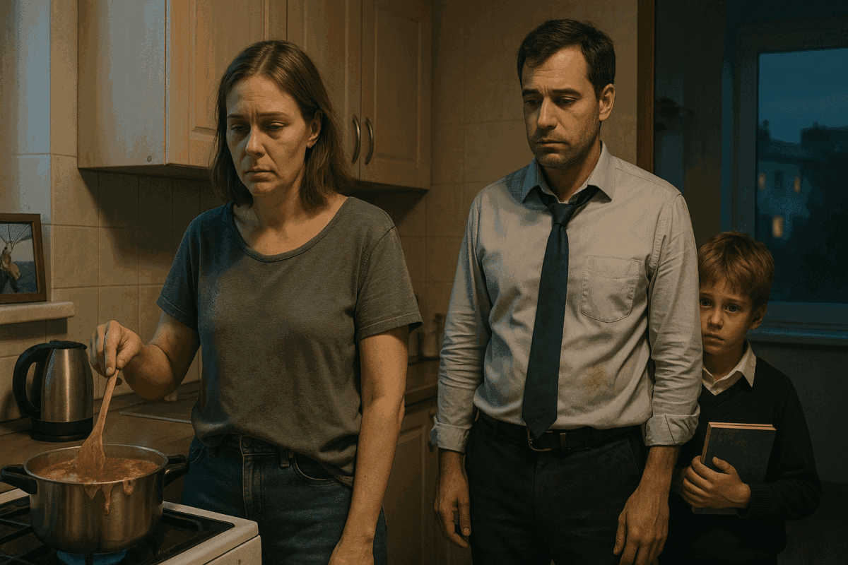 Уставшая женщина в домашней одежде стоит у плиты, помешивая выкипающий борщ деревянной ложкой; рядом в дверном проеме — мужчина в мятой рубашке с галстуком набок и красным пятном на груди, за его спиной выглядывает встревоженный мальчик в школьной форме с книгой в руках; атмосфера напряженная, на фоне видна старая фотография в рамке и вечерний сумрак за окном.