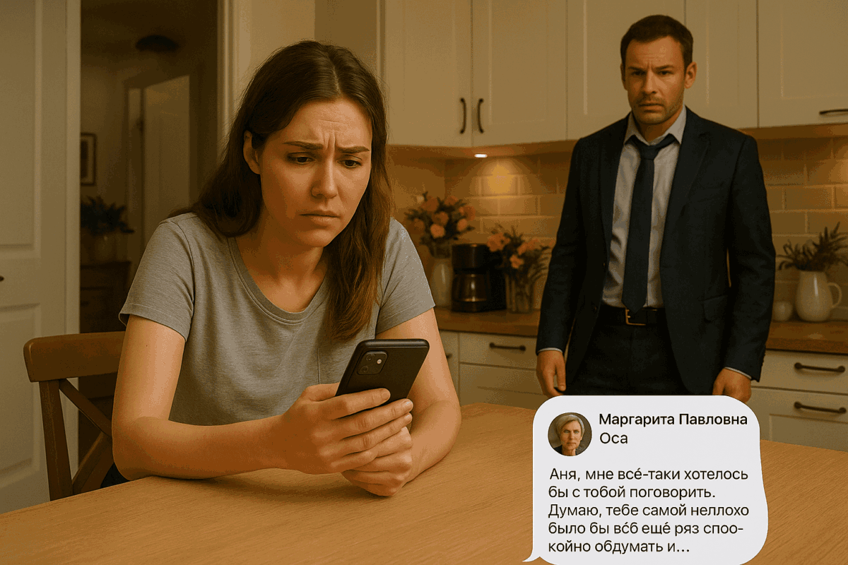 Молодая женщина с каштановыми волосами в серой футболке сидит за кухонным столом, напряжённо смотря на экран телефона. На заднем плане — мужчина в деловом костюме с ослабленным галстуком, обеспокоенно наблюдающий за ней. Обстановка кухни уютная: белые шкафы, цветы в вазах, мягкое тёплое освещение. Атмосфера сцены передаёт напряжение и скрытое волнение между героями.