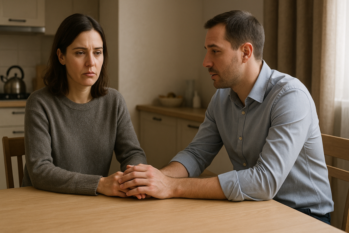 Марина и Андрей сидят напротив друг друга за деревянным кухонным столом. Марина в сером свитере, с усталым и разочарованным выражением лица.