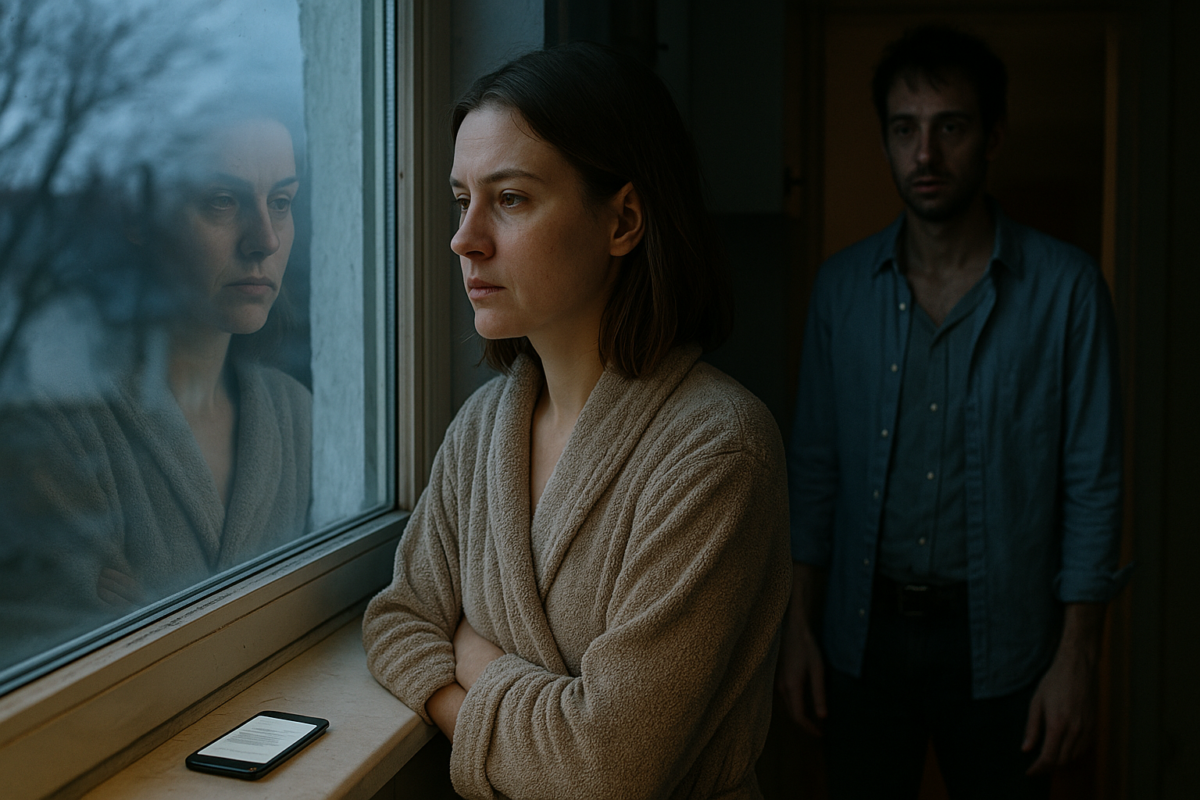 Женщина в халате стоит у окна кухни на рассвете, в отражении — её усталое, решительное лицо. На столе смартфон. Позади в дверях — мужчина с растрёпанными волосами и красными глазами. Атмосфера напряжённая, предчувствие ссоры.