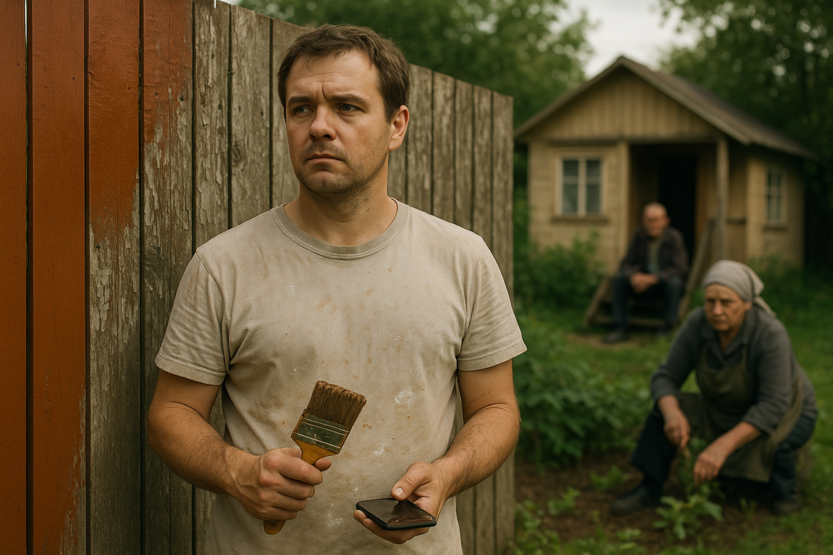 Мужчина 32 лет в запачканной футболке стоит у старого деревянного забора, одна часть которого окрашена, а другая обветшала. В руках кисть и телефон, взгляд задумчивый, устремлён в сторону. На фоне — пожилой отец сидит на крыльце дачного домика, а мать в платке работает на грядках. Атмосфера напряжения и внутреннего конфликта.