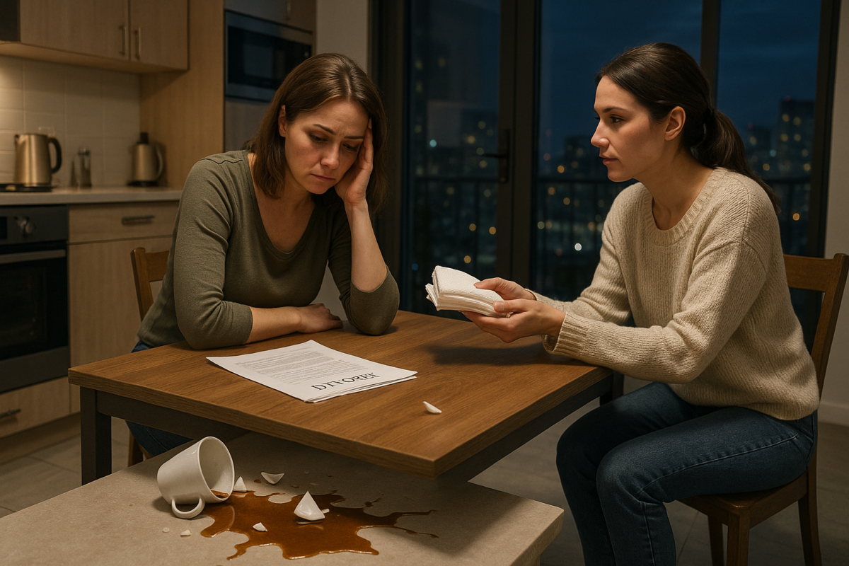 Две женщины на современной кухне вечером — одна в отчаянии смотрит на разбитую кружку и разводные бумаги, другая протягивает ей полотенца с сочувствием.