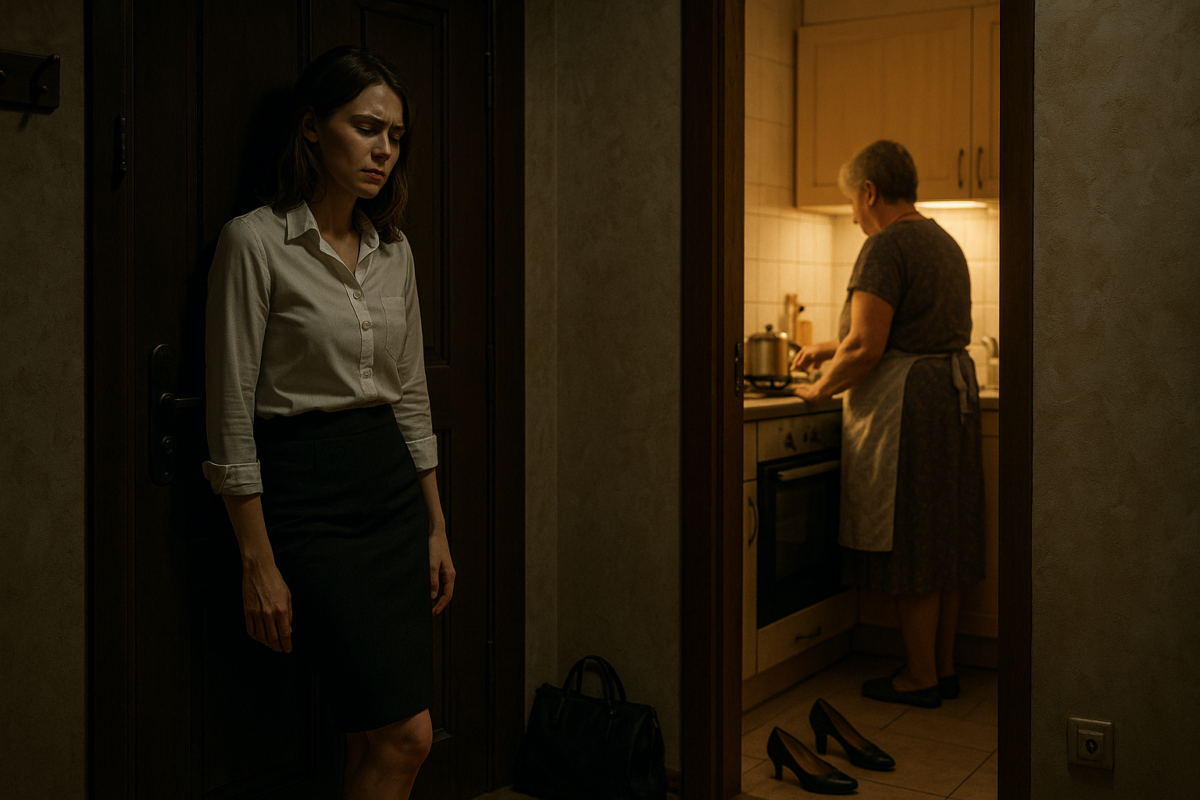 Alt: Молодая женщина в офисной одежде стоит в тёмной прихожей своей квартиры, прислонившись спиной к двери и выглядя усталой и встревоженной.