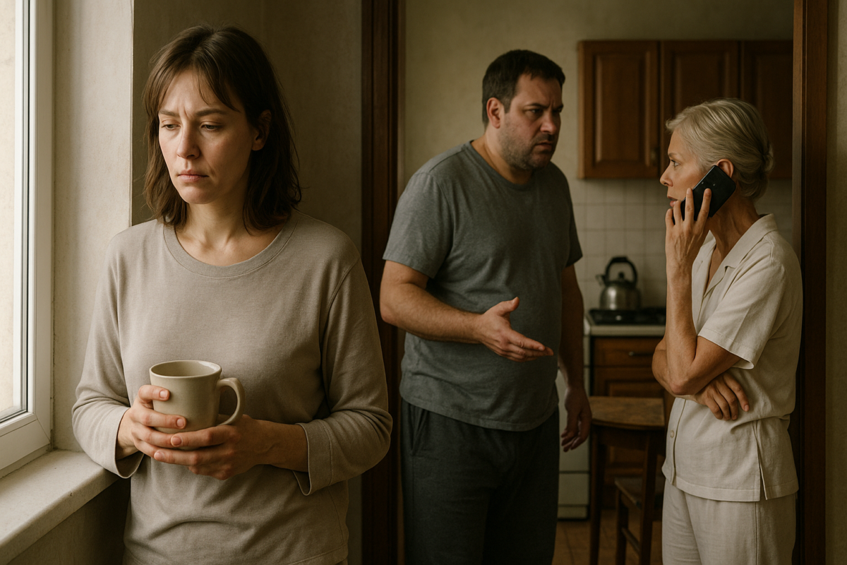 Молодая женщина в домашней одежде нейтральных тонов стоит у окна, сжав в руках кружку, её лицо осунувшееся, с выражением усталости и внутреннего напряжения. На заднем плане в кухне пожилая женщина в опрятном светлом костюме говорит по телефону, скрестив руки, а мужчина с лёгкой небритостью в серой футболке напряжённо жестикулирует, стоя рядом.