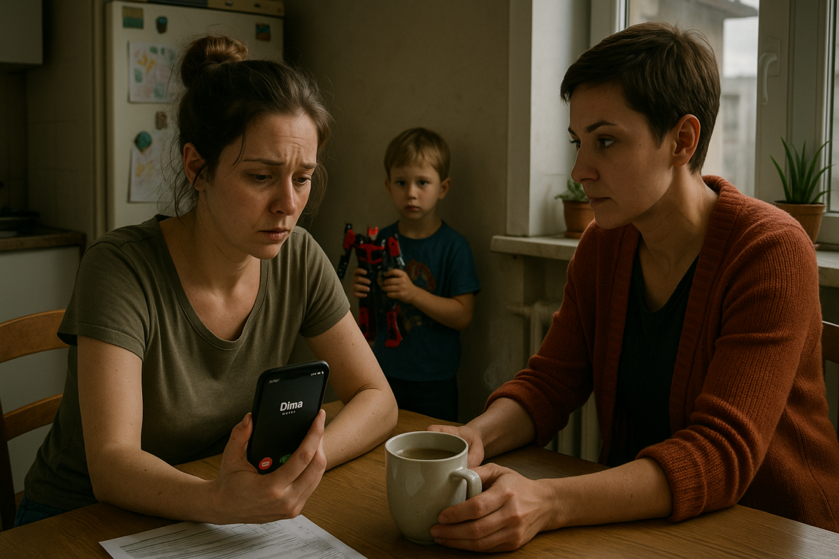 Молодая женщина в домашней одежде с напряжённым лицом держит телефон, на экране которого входящий звонок от «Димы». Рядом подруга с кружкой чая, смотрит на неё с сочувствием.
