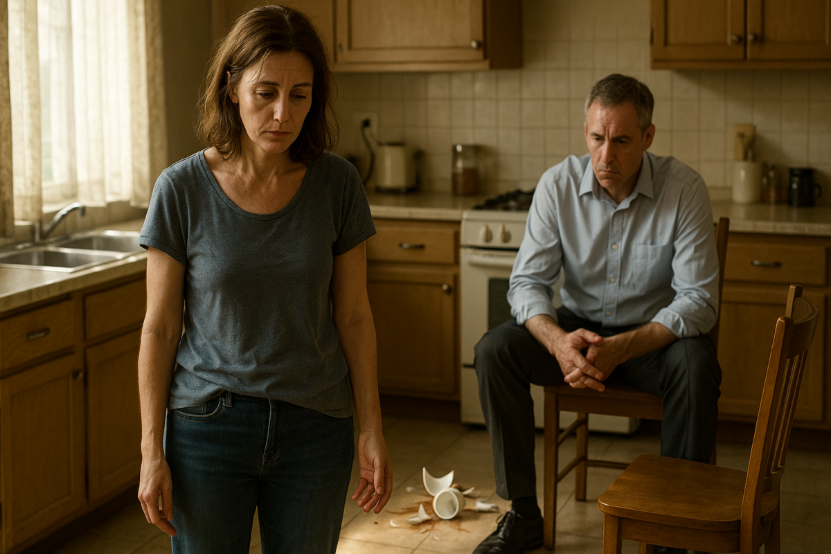 Уставшая женщина в простой одежде стоит на светлой кухне, глядя вниз на осколки разбитой чашки; на её пальце капля крови. На заднем плане за столом сидит мужчина в деловой одежде с напряжённым и раздражённым выражением лица.