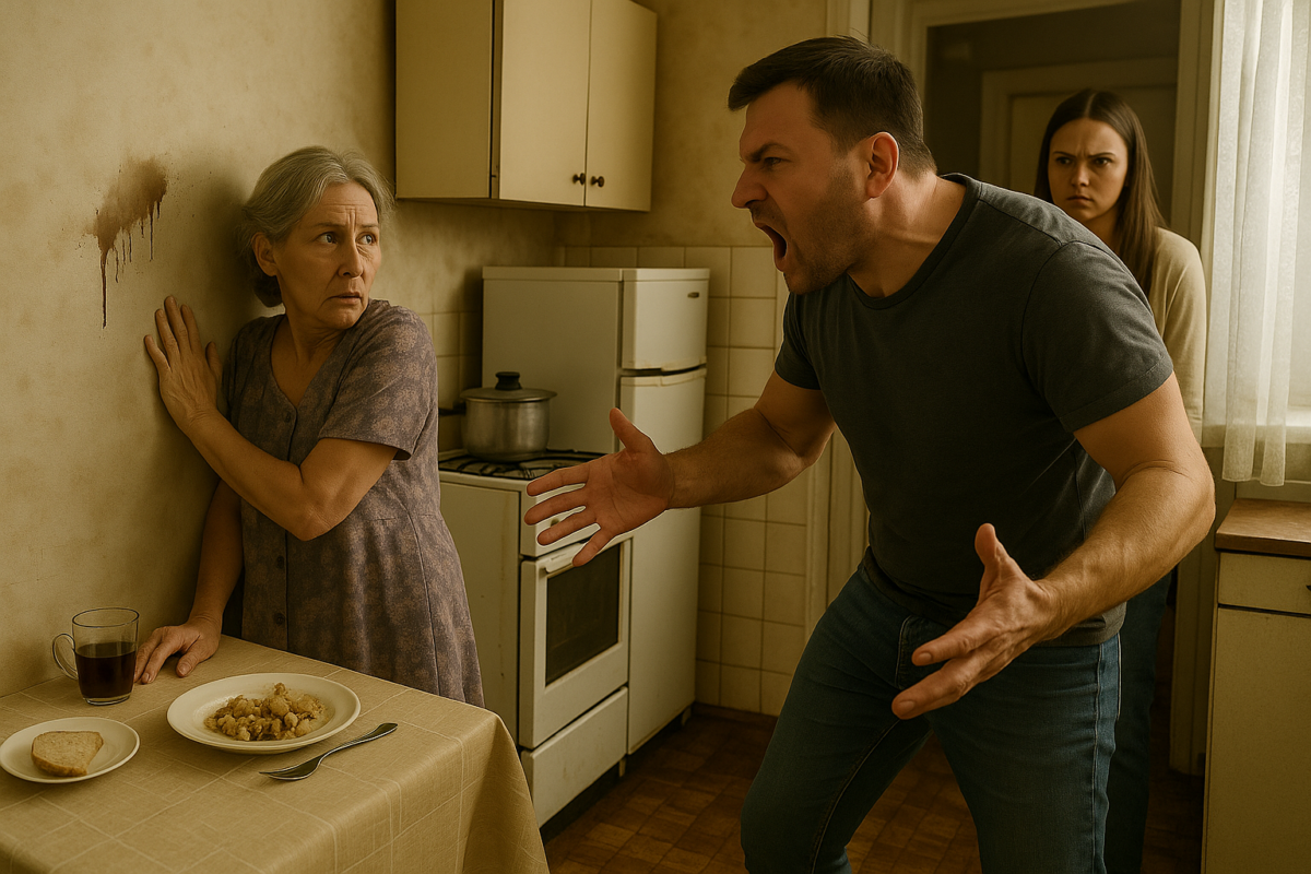 Пожилая женщина в страхе прижимается к стене кухни, на которой видны тёмные пятна от чая. Напротив — кричащий мужчина, а в дверях наблюдает молчаливая молодая женщина с холодным выражением лица.
