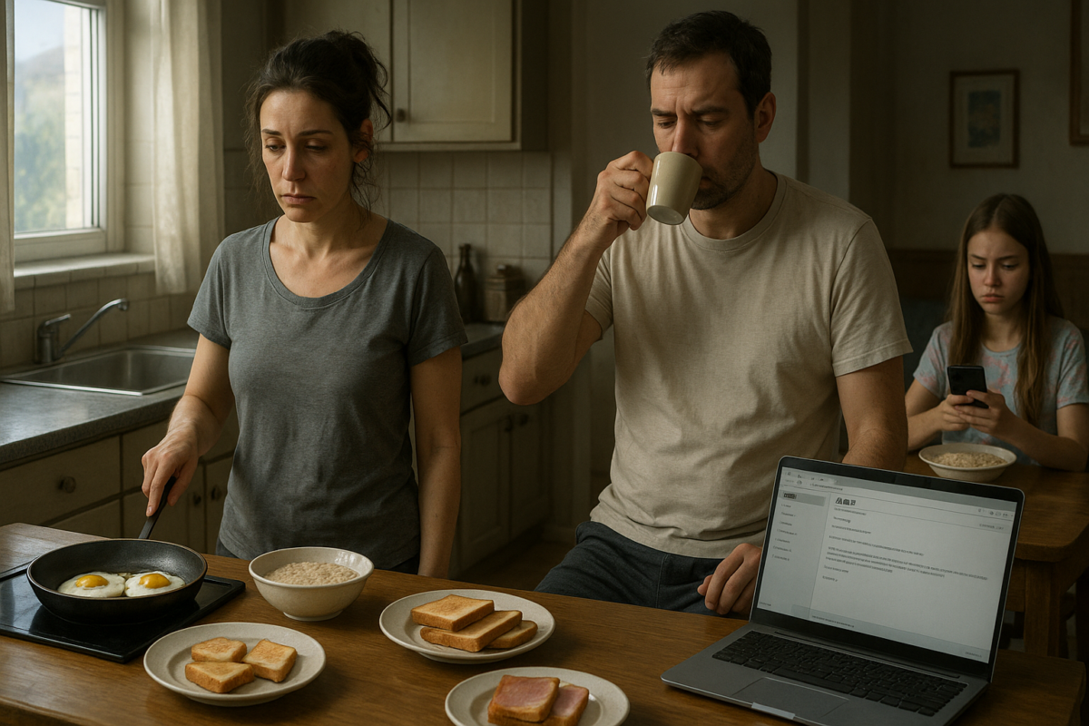 Alt: Уставшая женщина в серой футболке жарит яйца на плите, мужчина в домашней одежде пьёт кофе, за столом сидит подросток с телефоном, отодвигая тарелку с овсянкой. На переднем плане ноутбук с открытыми рабочими письмами, кухня залита тусклым утренним светом. Атмосфера напряжённая и обыденная.