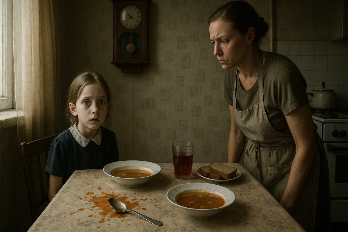 Девочка с испуганными глазами сидит за кухонным столом в советской квартире, перед ней — расплескавшийся суп и выпавшая ложка, а мать в фартуке стоит рядом с выражением холодного раздражения, не глядя на ребёнка. На стене позади — старинные часы с остановившимся маятником.