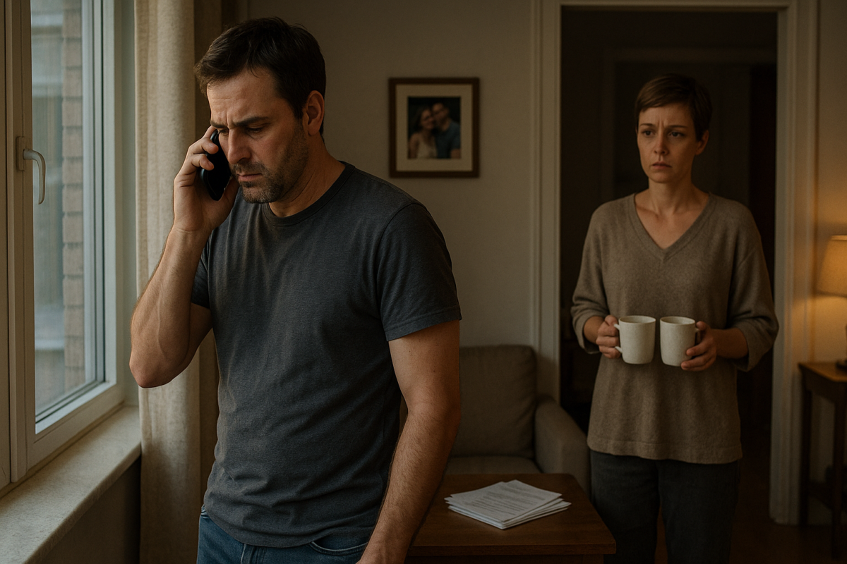 Мужчина средних лет стоит у окна с телефоном у уха, его лицо выражает тревогу. На заднем плане женщина с короткой стрижкой стоит в дверном проёме, держа две кружки кофе и с беспокойством наблюдая за ним. В комнате мягкий вечерний свет, уютная, но простая обстановка, на столике — стопка документов.