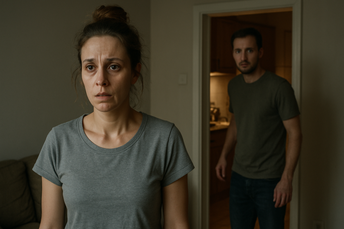 Уставшая женщина с выражением шока и паники на лице стоит в комнате; на заднем плане встревоженный мужчина выглядывает из кухни. Атмосфера тревожная, напряжённая.