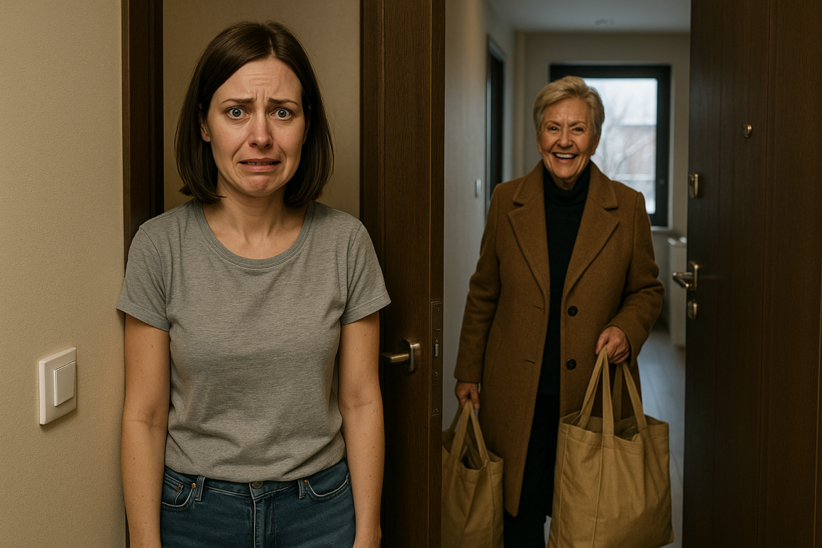 Молодая женщина в серой футболке стоит у двери с натянутым выражением лица, в то время как пожилая женщина в коричневом пальто с улыбающимся лицом входит в квартиру с полными сумками в руках. Атмосфера вторжения и неловкости.