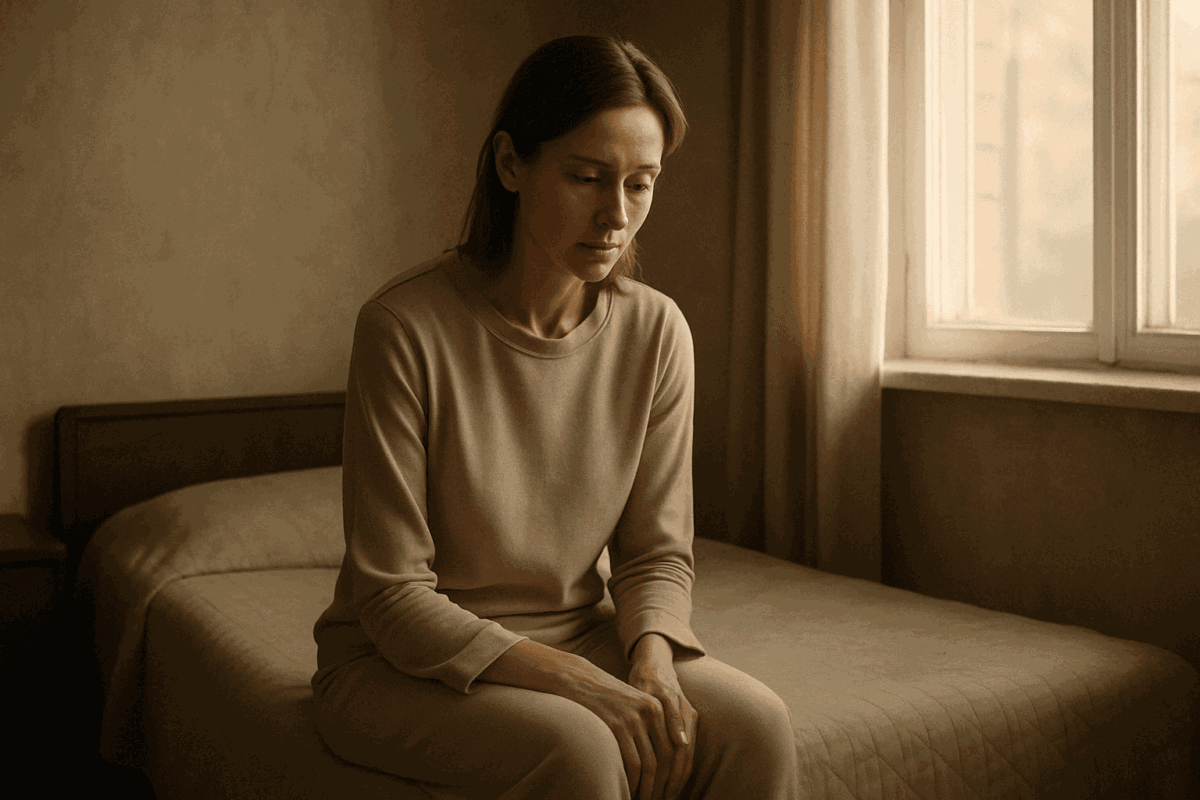 Женщина около сорока лет в домашней одежде сидит на кровати в спальне с выцветшими обоями, глядя в окно с грустным выражением лица. Мягкий утренний свет падает из окна, создавая атмосферу тихой задумчивости и уюта.
