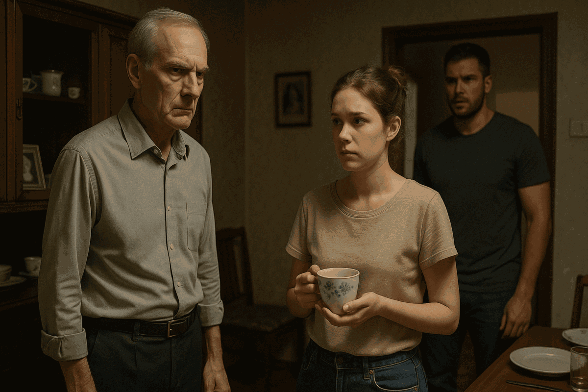 Пожилой мужчина с суровым выражением лица стоит у серванта в гостиной, рядом с ним молодая женщина с растерянным лицом держит чашку с голубыми цветами. В дверном проёме — обеспокоенный молодой мужчина. На столе — частично расставленная посуда. Атмосфера напряжённая, чувствуется конфликт поколений и невысказанная боль.