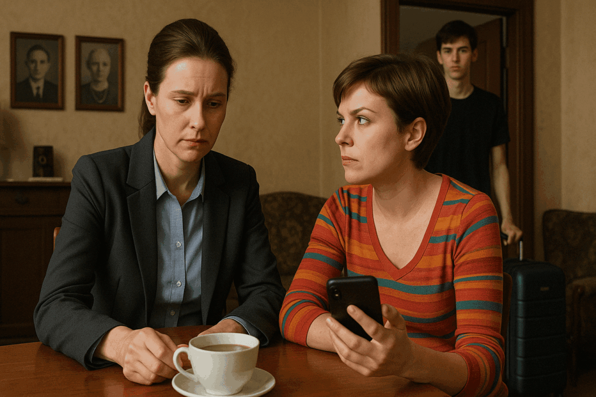 Напряжённый разговор между двумя сёстрами за кухонным столом в старой квартире; одна женщина в деловом костюме с чашкой чая выглядит усталой и встревоженной, другая — в яркой полосатой кофте — держит смартфон и смотрит с вызовом; на заднем плане подросток с чемоданом настороженно наблюдает за сценой