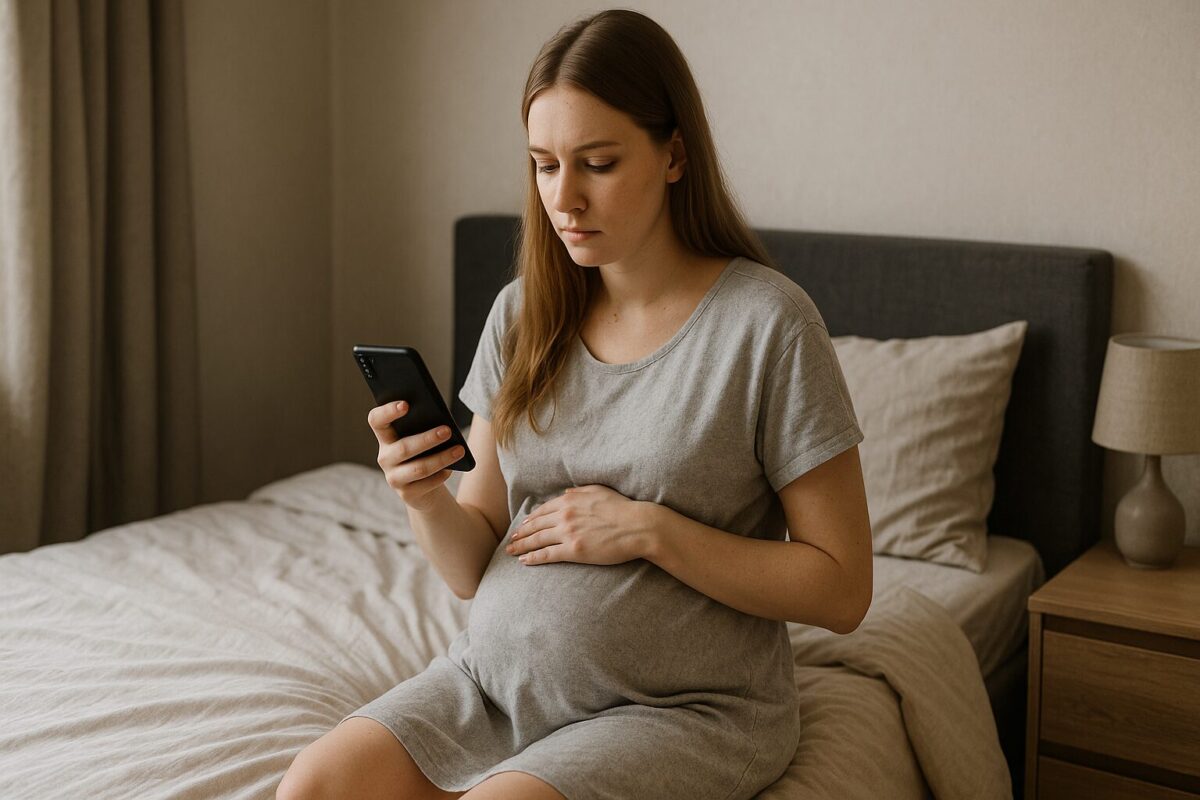 Беременная молодая женщина с длинными русыми волосами и бледным лицом сидит на краю кровати в сером домашнем платье, одной рукой держась за живот, другой — за смартфон. Она выглядит встревоженной. Комната светлая и минималистичная, с серыми подушками и прикроватной тумбочкой.