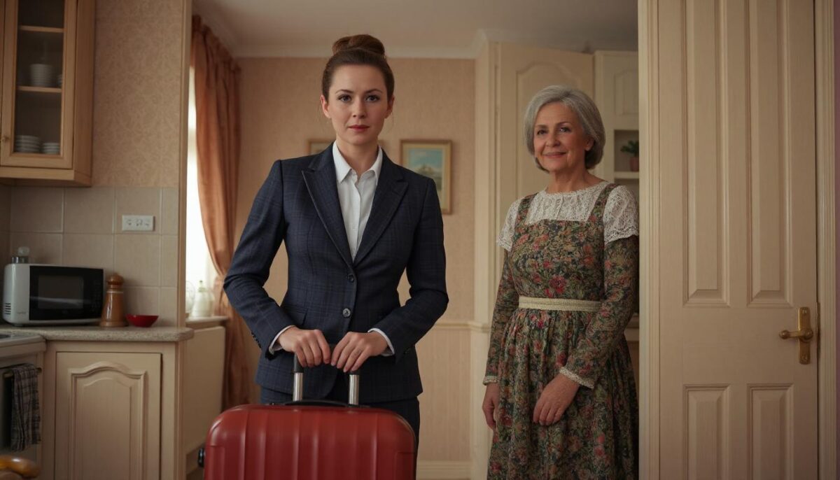 Деловая женщина в элегантном костюме с чемоданами стоит у выхода из квартиры, её пожилая мама в фартуке с тёплой улыбкой провожает её из дверного проёма кухни.