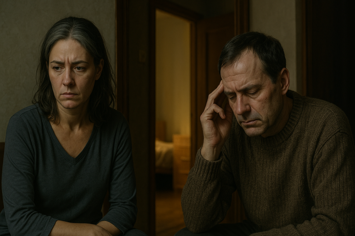 Уставшая женщина с сединой и мужчина в свитере сидят в полумраке, погружённые в тяжёлые раздумья