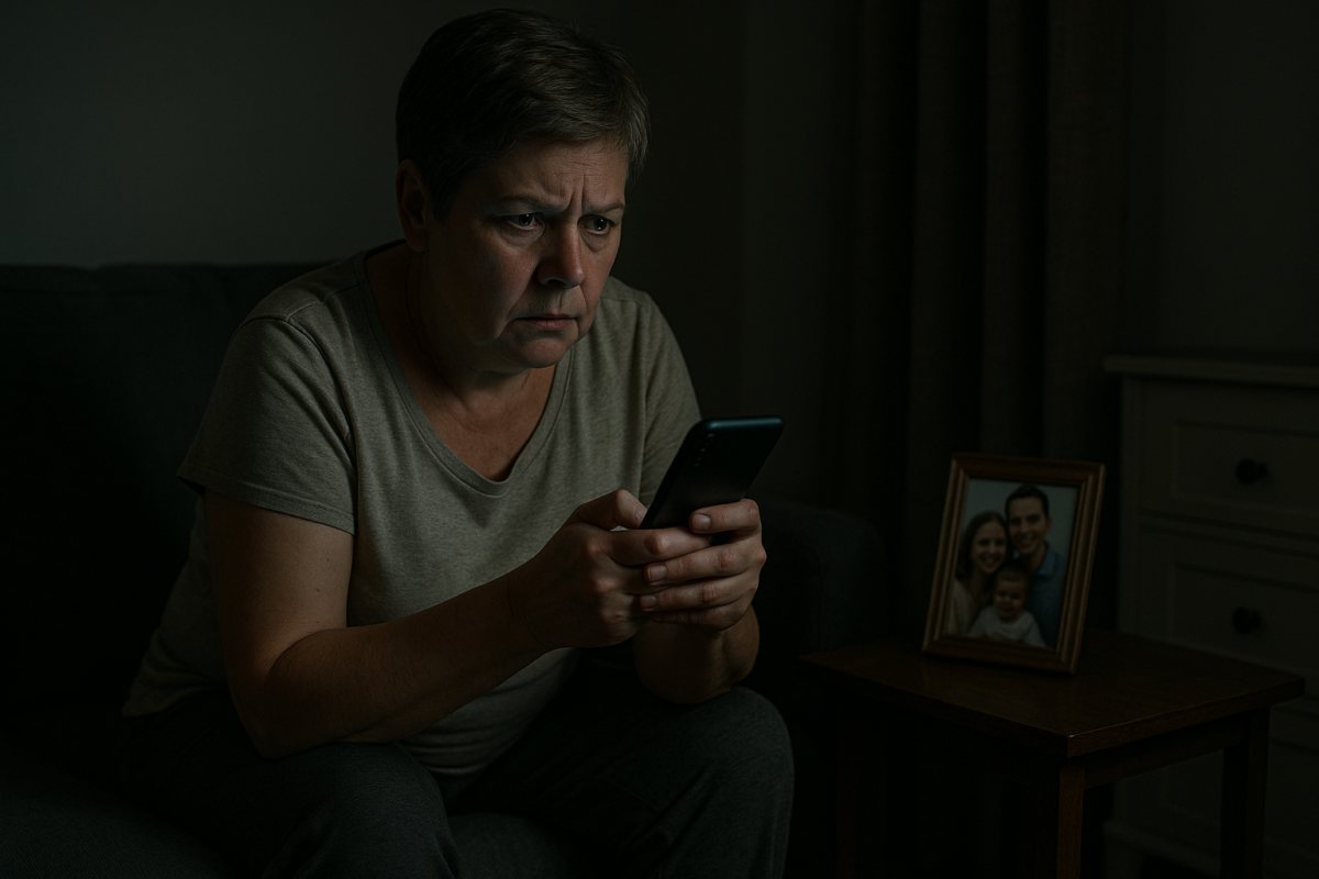 Женщина среднего возраста с короткой стрижкой сидит на краю дивана в полутёмной комнате, с тревогой глядя на экран телефона, который освещает её лицо.