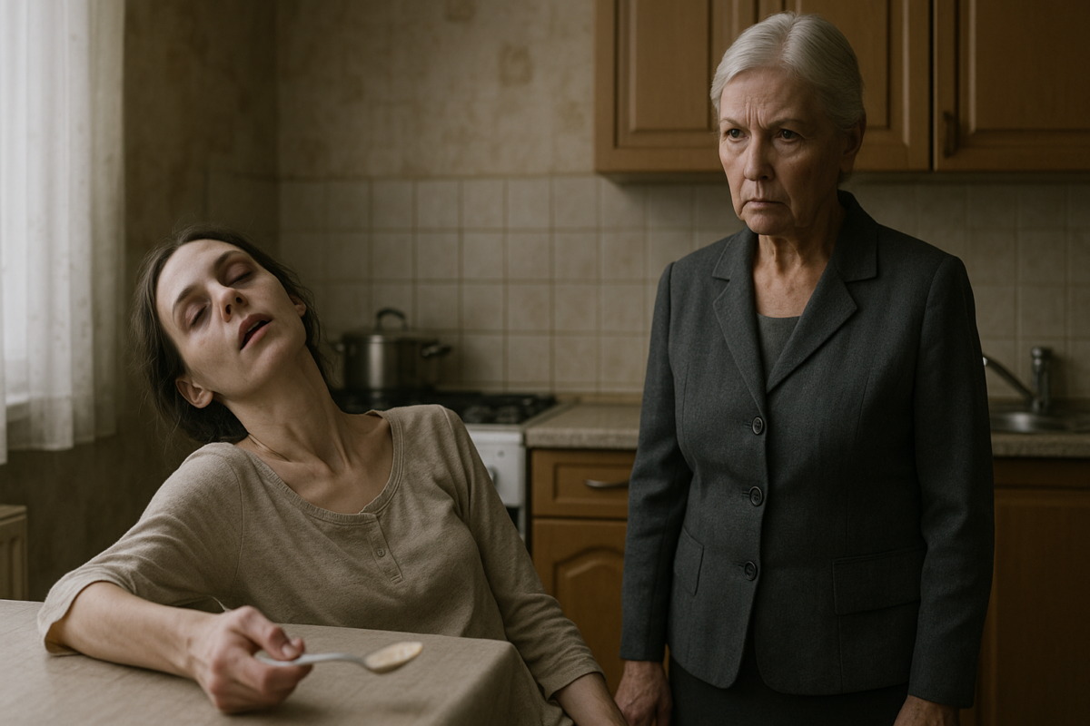 Молодая женщина с закрытыми глазами сидит за кухонным столом в состоянии полуобморока, в её руке детская ложка с остатками каши. Напротив стоит пожилая женщина с напряжённым и строгим выражением лица.