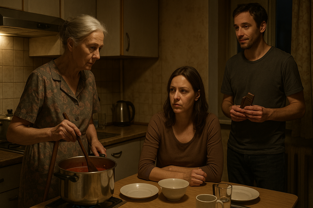 Пожилая женщина в домашнем платье помешивает борщ на плите, рядом за столом сидит молодая женщина с усталым взглядом, а мужчина с шоколадкой в руках стоит в дверях кухни с виноватой улыбкой.