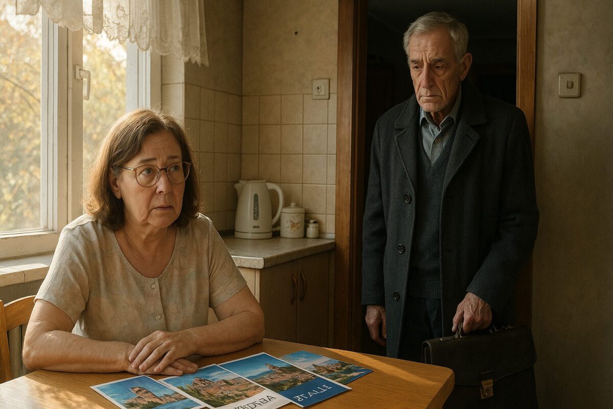 Пожилая женщина с каштановыми волосами до плеч и тревожным взглядом сидит за столом, разглядывая туристические буклеты с изображениями достопримечательностей Италии. В дверном проёме стоит пожилой мужчина с виноватым выражением лица, в пальто, с потёртым портфелем в руке.