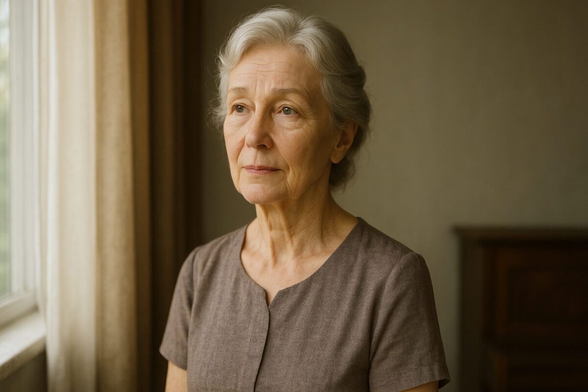 Пожилая женщина с седыми аккуратно уложенными волосами стоит у окна. На ней простое платье спокойного тона. Лицо выражает спокойствие, лёгкую грусть и светлую ностальгию. Комната наполнена мягким утренним светом.