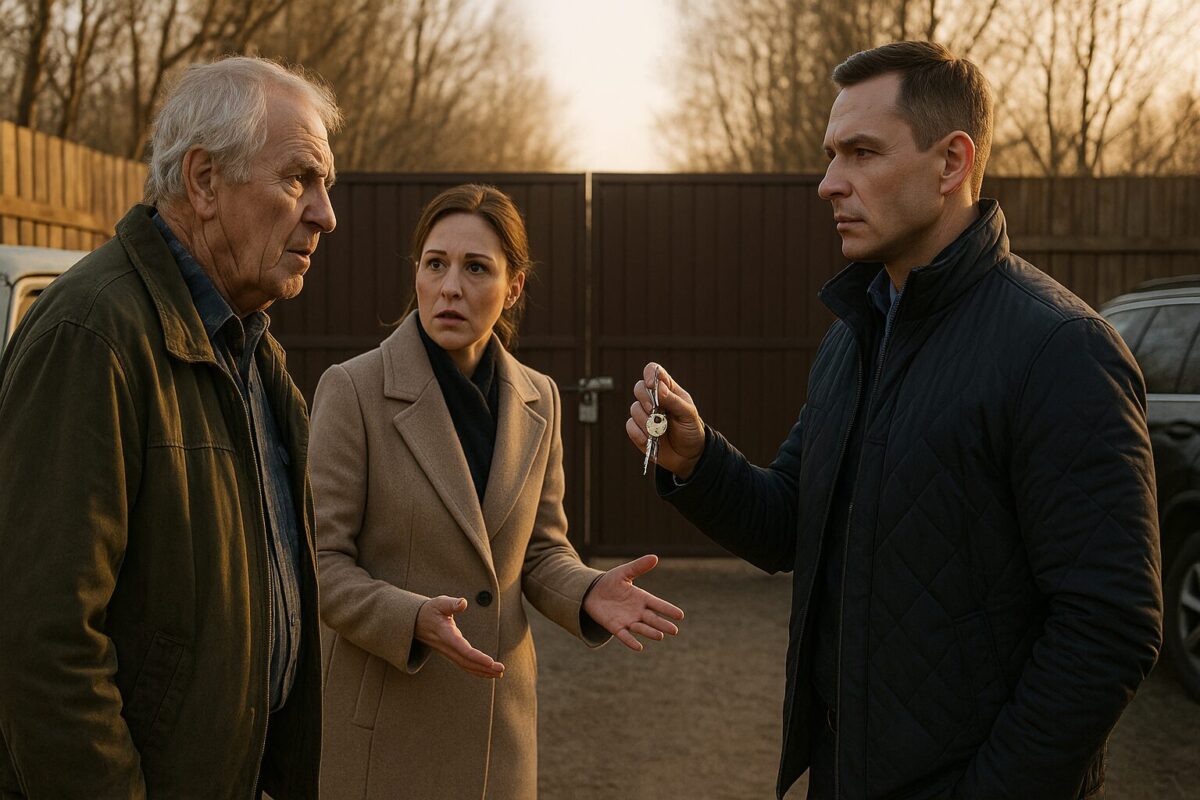 Пожилой мужчина в клетчатой рубашке и старой куртке смотрит с возмущением на молодого мужчину с ключами в руке. Между ними — женщина в элегантном пальто с обеспокоенным выражением лица, пытающаяся разрядить обстановку.