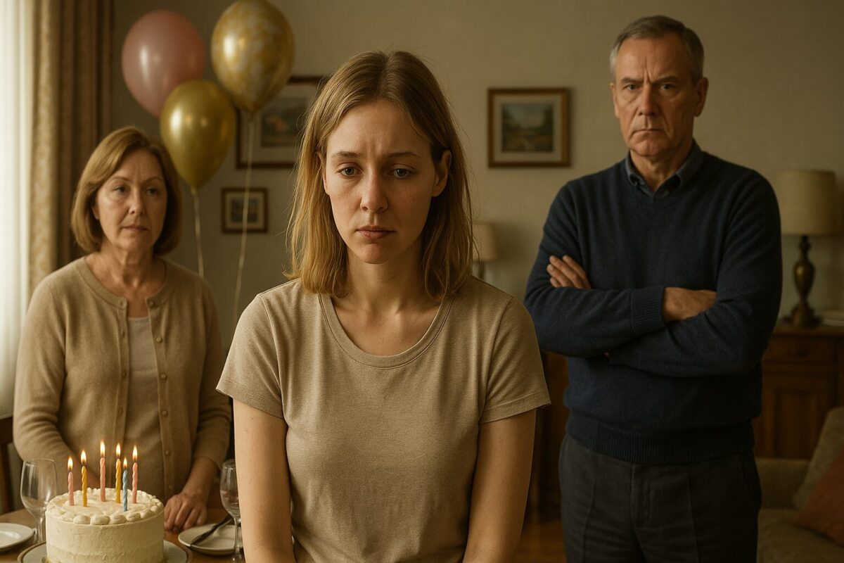 Молодая женщина с грустным выражением лица сидит за праздничным столом с именинным тортом, позади неё стоят обеспокоенная мать и строгий отец, создавая напряжённую атмосферу на фоне скромной комнаты с воздушными шарами.