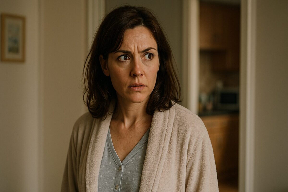 Женщина 35–40 лет с каштановыми волосами и выразительными глазами в пижаме и халате стоит на фоне кухни, её лицо выражает смесь напряжённого любопытства, смущения и зарождающейся ревности в атмосфере обычного утра.