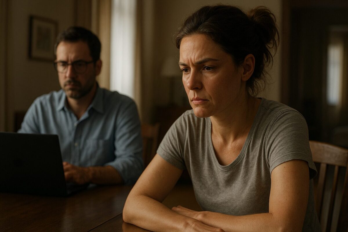 Женщина с уставшим и напряжённым лицом сидит за деревянным столом в домашней одежде; на заднем плане мужчина в очках работает за ноутбуком. Атмосфера сцены — молчаливый конфликт, предчувствие перемен.