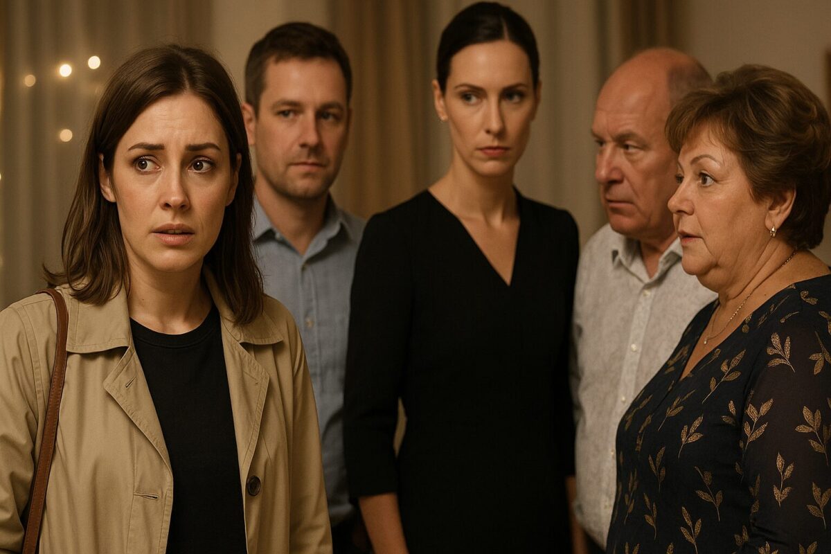 В помещении собрались пять человек. На переднем плане — молодая женщина в городской одежде с тревогой в глазах. Позади неё — мужчина в рубашке с серьёзным выражением лица, высокая женщина с холодным взглядом и идеальной осанкой, а также пожилая пара в нарядной одежде. В атмосфере ощущается скрытая напряжённость и вежливое оценивающее напряжение между героями.