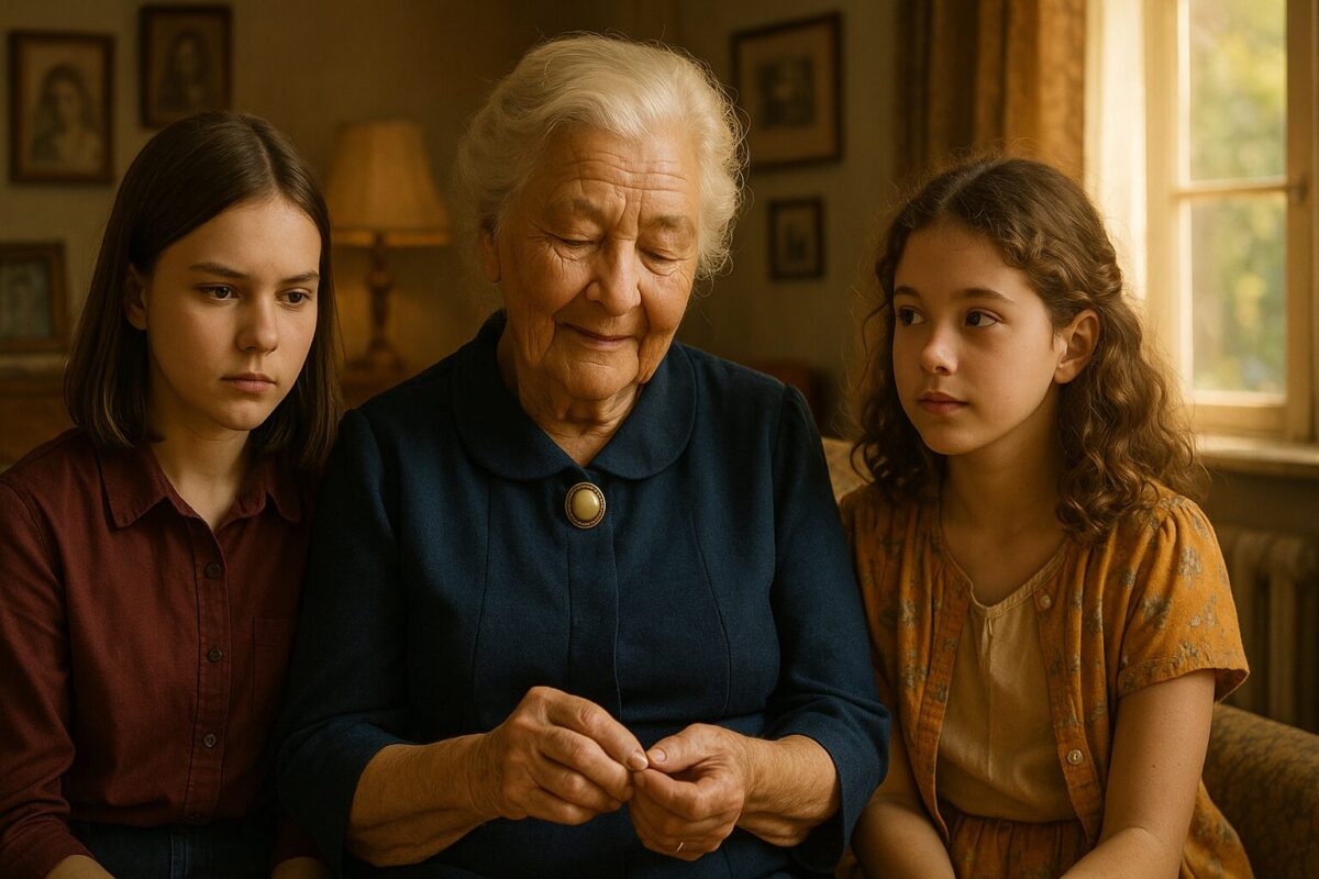 Пожилая женщина в синем платье с брошью на воротнике сидит между двумя девочками-подростками в уютной комнате, освещённой тёплым солнечным светом; одна девочка смотрит серьёзно, другая — с мечтательным выражением.