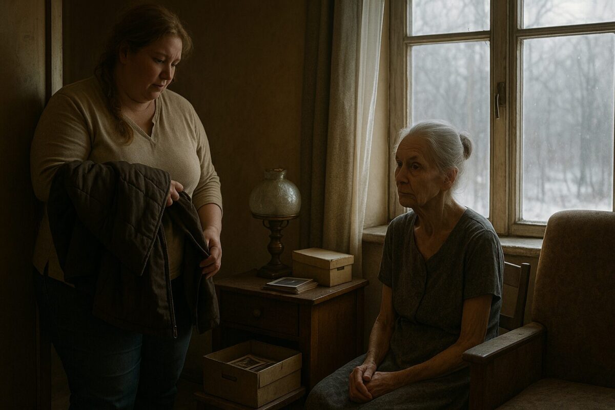 Пожилая женщина с аккуратным пучком сидит у окна в тускло освещённой комнате, в то время как полноватая женщина с добрыми глазами и растрёпанной косой стоит рядом, снимая куртку; за окном — зимний пейзаж, внутри — атмосфера грусти, которую начинает смягчать тепло человеческого участия.