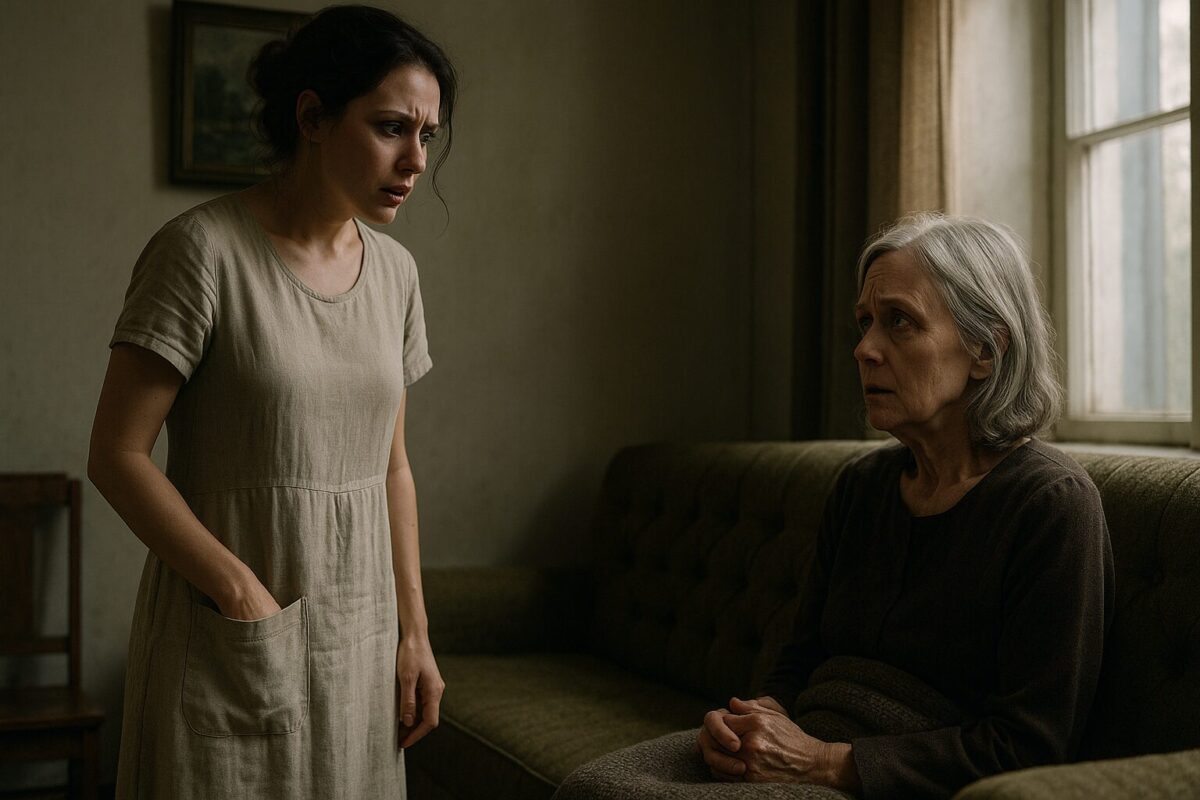 Молодая женщина в светлом платье стоит рядом с пожилой женщиной, сидящей на диване под пледом, в тёпло освещённой комнате; обе выглядят напряжённо, на фоне окна и мягкого света.