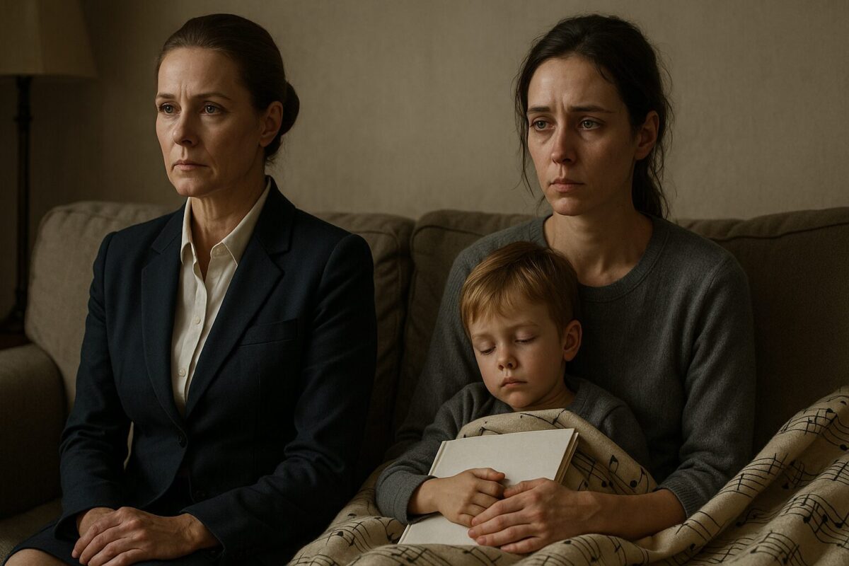 На диване сидят две женщины — одна в строгом тёмном костюме с собранными волосами, другая в простом сером свитере с усталым выражением лица. Между ними спит маленький мальчик с русыми волосами, укутавшись пледом с нотами и держа в руках альбом для рисования. Атмосфера — напряжённая и тревожная, как перед важным разговором.