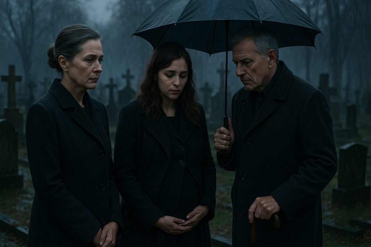 Три человека стоят на кладбище в дождливые сумерки. Женщина постарше с изящными чертами лица и аккуратной причёской, одета в тёмное пальто, стоит слева. В центре — беременная молодая женщина с волнистыми каштановыми волосами, похожая на мать, держит руки на животе. Справа — пожилой мужчина с резко очерченным профилем, седыми волосами и тростью, держит над ними чёрный зонт. Все трое выражают глубокую скорбь и внутреннее напряжение.