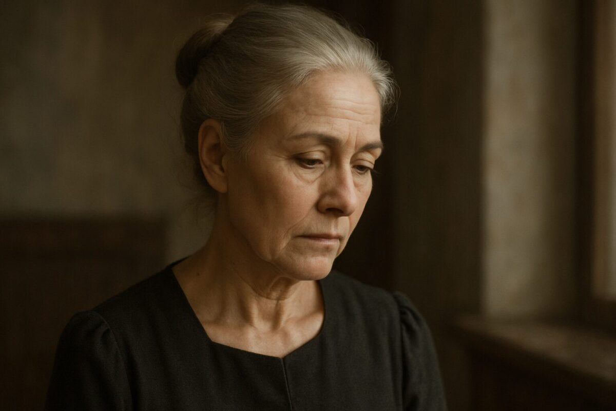 Пожилая женщина с седыми волосами, собранными в строгий пучок, в тёмном платье, сидит у окна и задумчиво смотрит вниз; её лицо спокойно, но в глазах отражается печаль и принятие.