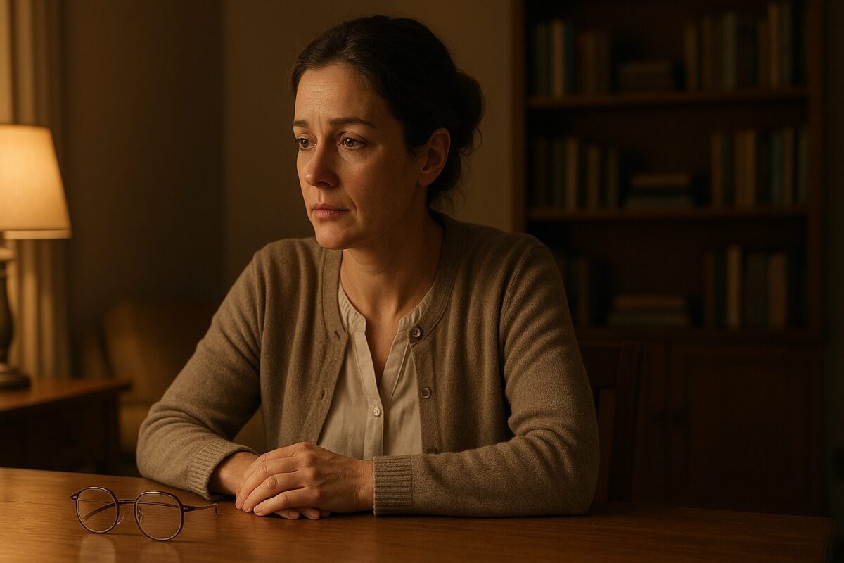 Женщина около 42 лет с каштановыми волосами, собранными в аккуратный пучок, сидит за деревянным столом в тёпло освещённой комнате. На столе перед ней лежат очки в тонкой оправе. Она задумчиво смотрит в сторону, её лицо выражает лёгкую усталость и меланхолию.