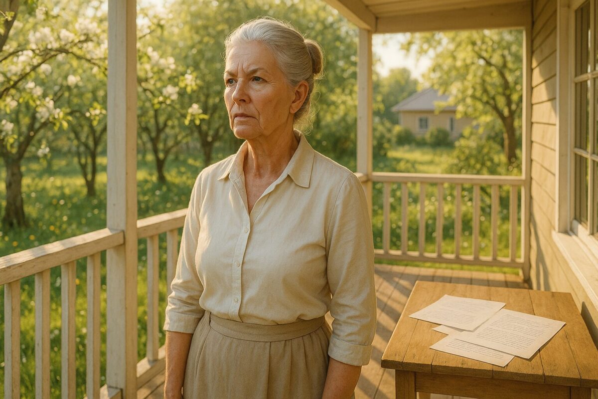 Пожилая женщина с седыми волосами в пучке стоит на веранде деревянного дома, одетая в светлую блузку и юбку, в окружении утреннего света и цветущего сада. На столике рядом — бумаги. В её взгляде читается решимость и светлая грусть.