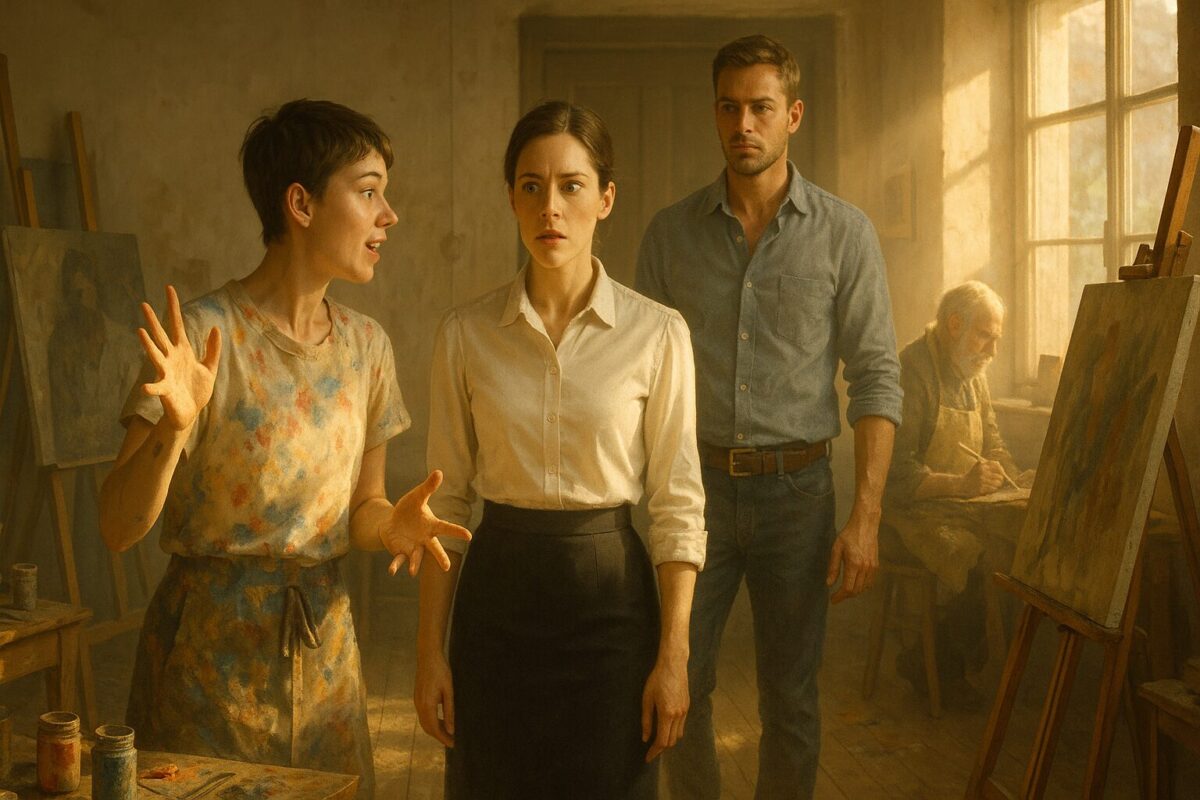 В художественной мастерской под тёплым солнечным светом молодая художница в яркой, испачканной краской одежде увлечённо объясняет что-то женщине в строгом наряде, выражающей настороженное удивление, рядом стоит спокойный мужчина, наблюдающий за сценой.