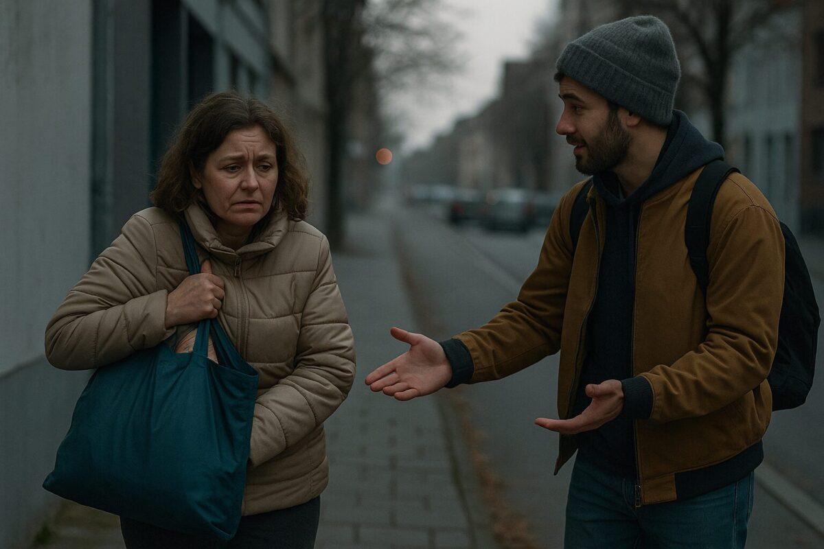 Женщина стоит у дороги с тяжёлой сумкой, а незнакомый мужчина предлагает ей помощь.